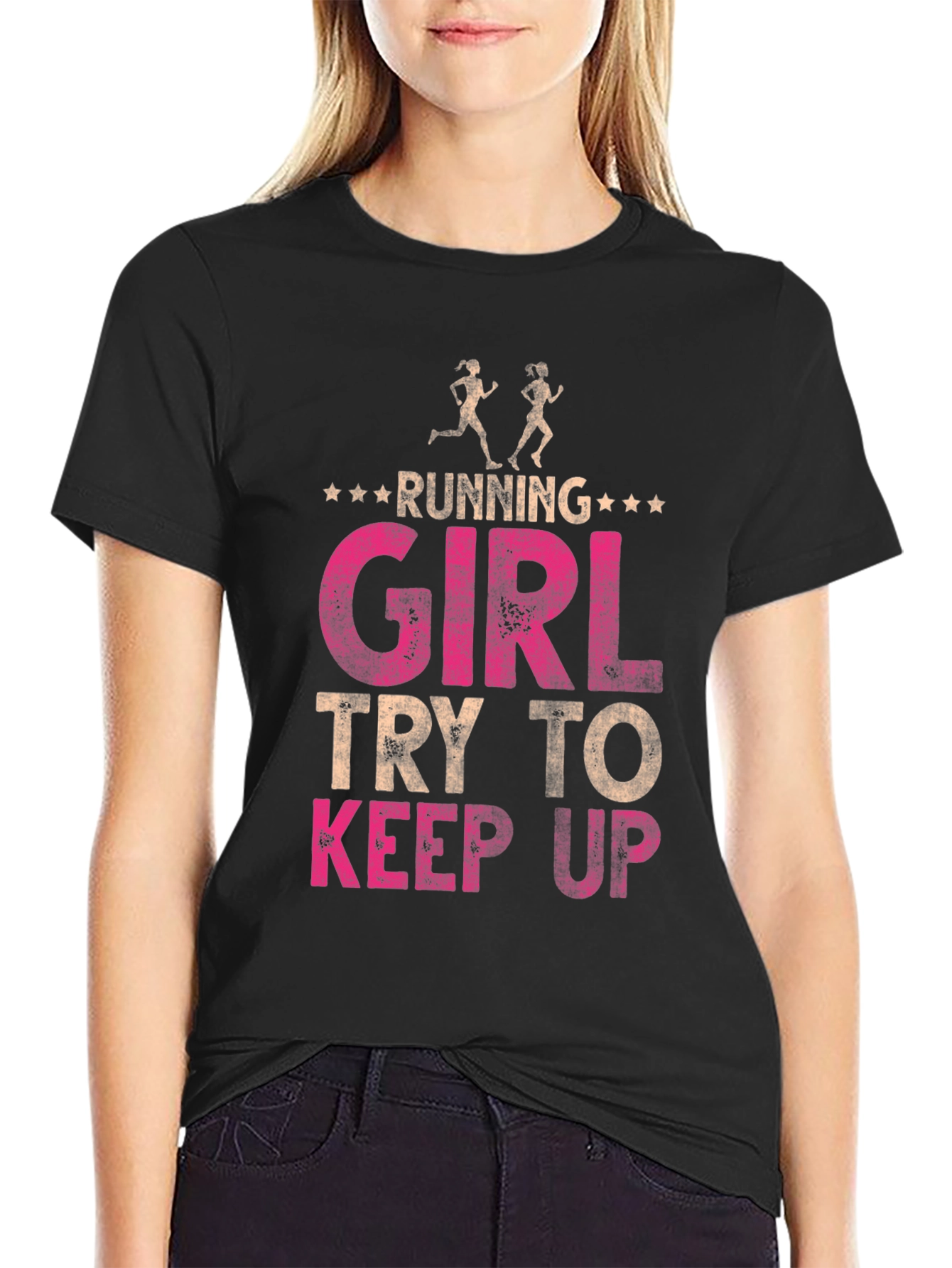 Running Girl Try to Keep Up T-Shirt - Black Cotton Tee