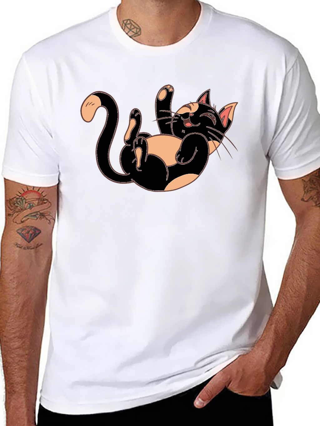 Playful Cartoon Cat Graphic Tee - Black