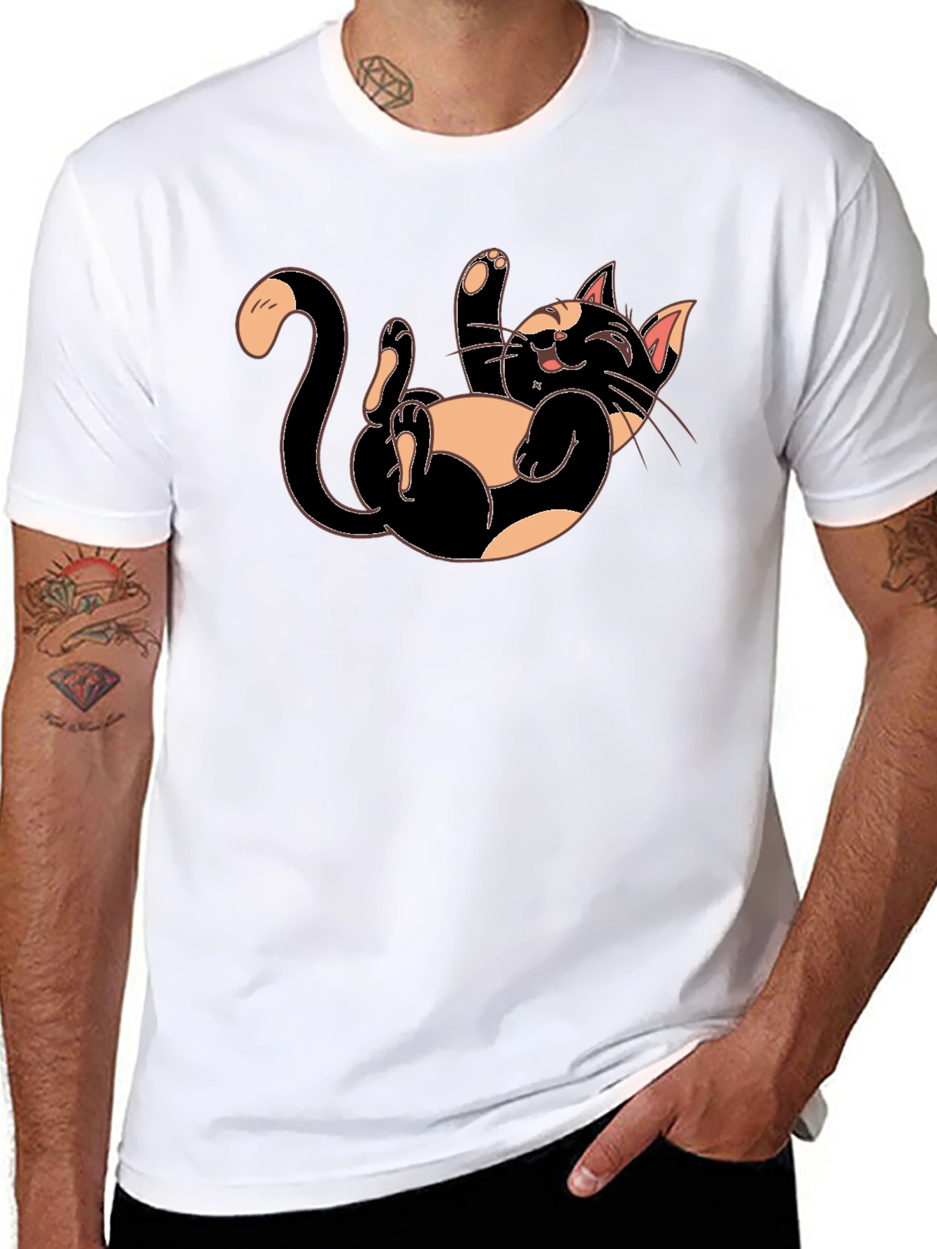 Playful Cartoon Cat Graphic Tee - Black