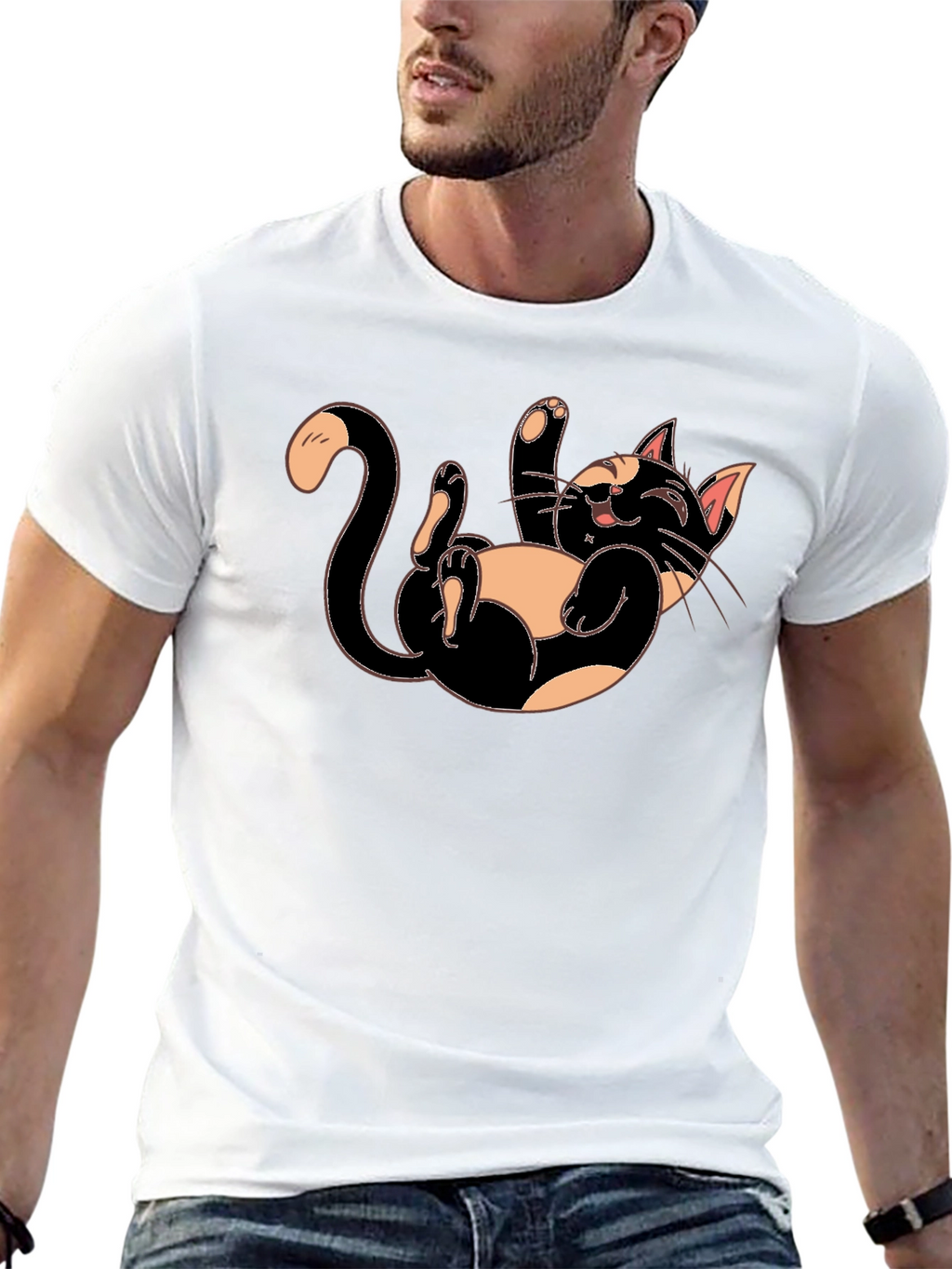 Playful Cartoon Cat Graphic Tee - Black