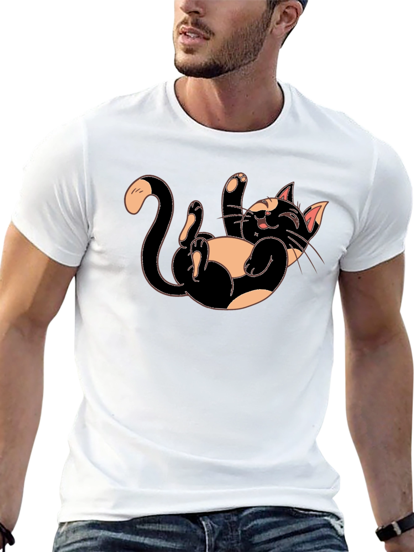 Playful Cartoon Cat Graphic Tee - Black