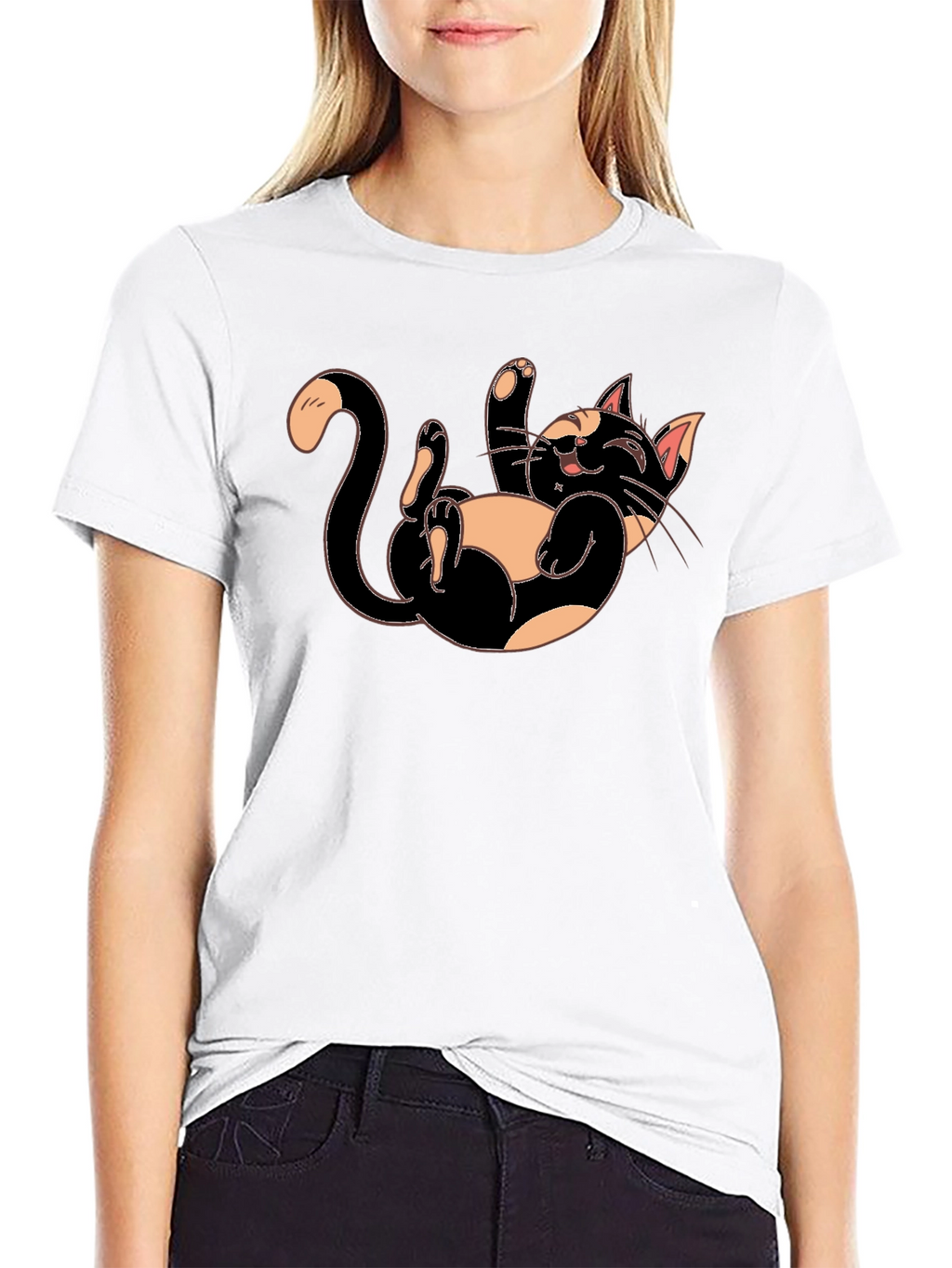 Playful Cartoon Cat Graphic Tee - Black