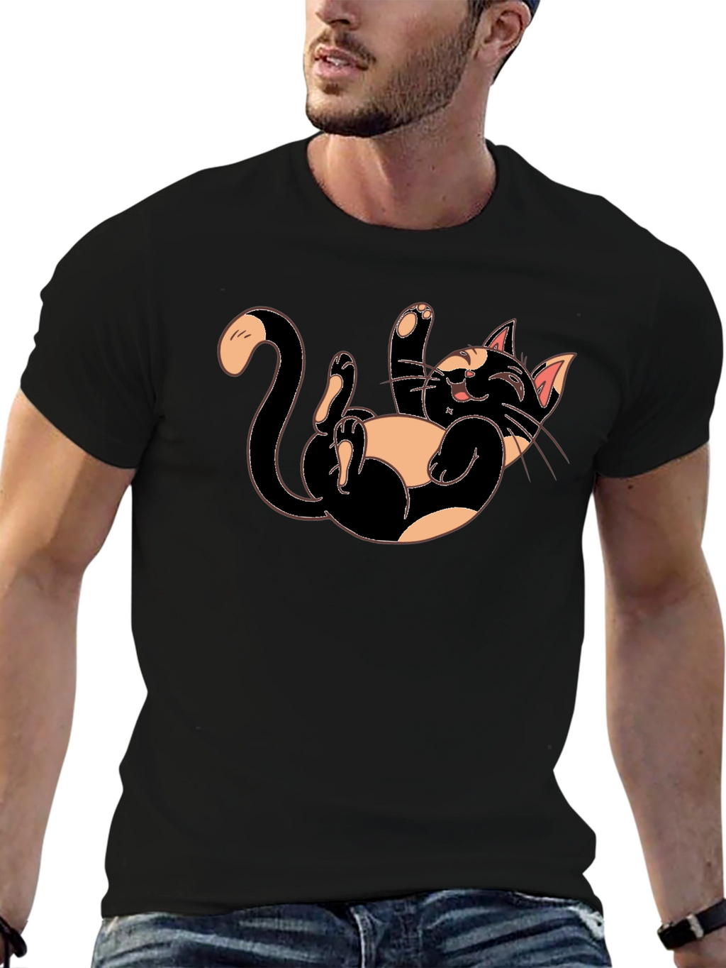 Playful Cartoon Cat Graphic Tee - Black