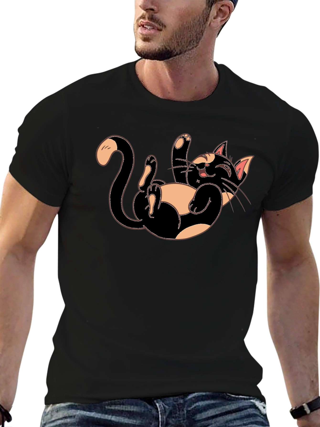 Playful Cartoon Cat Graphic Tee - Black