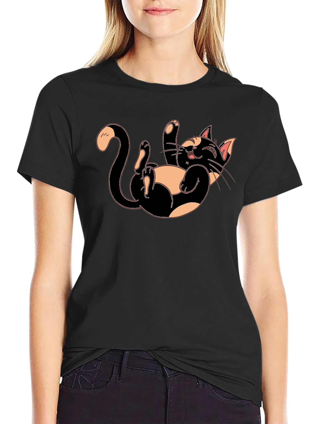 Playful Cartoon Cat Graphic Tee - Black