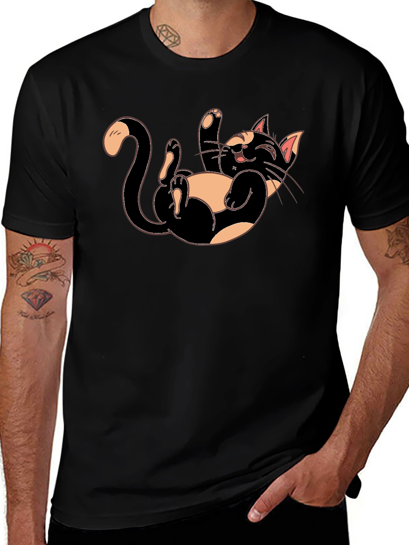 Playful Cartoon Cat Graphic Tee - Black