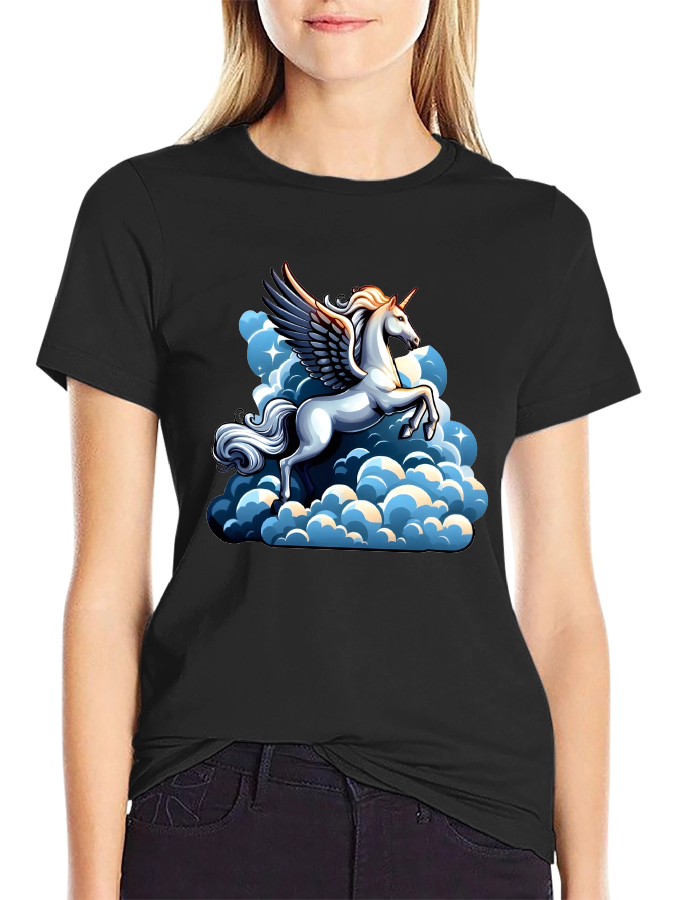 Unicorn Pegasus in Clouds Graphic Tee - Black