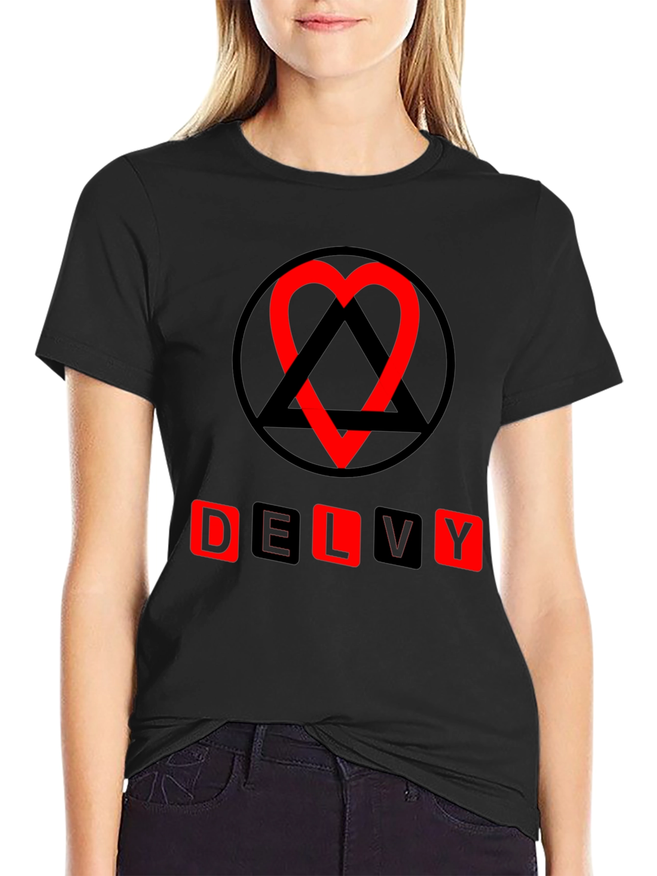 Delvy Heart & Triangle Graphic T-Shirt - Black