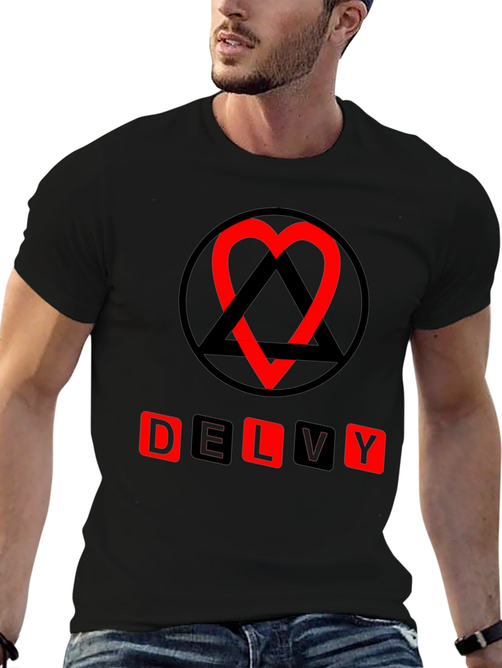Delvy Heart & Triangle Graphic T-Shirt - Black