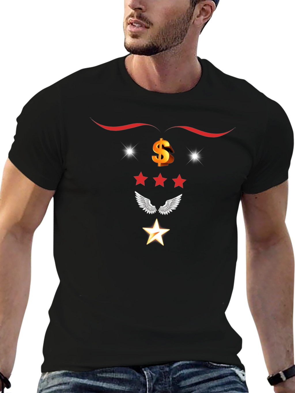 Graphic Black T-Shirt with Star and Dollar Sign Design