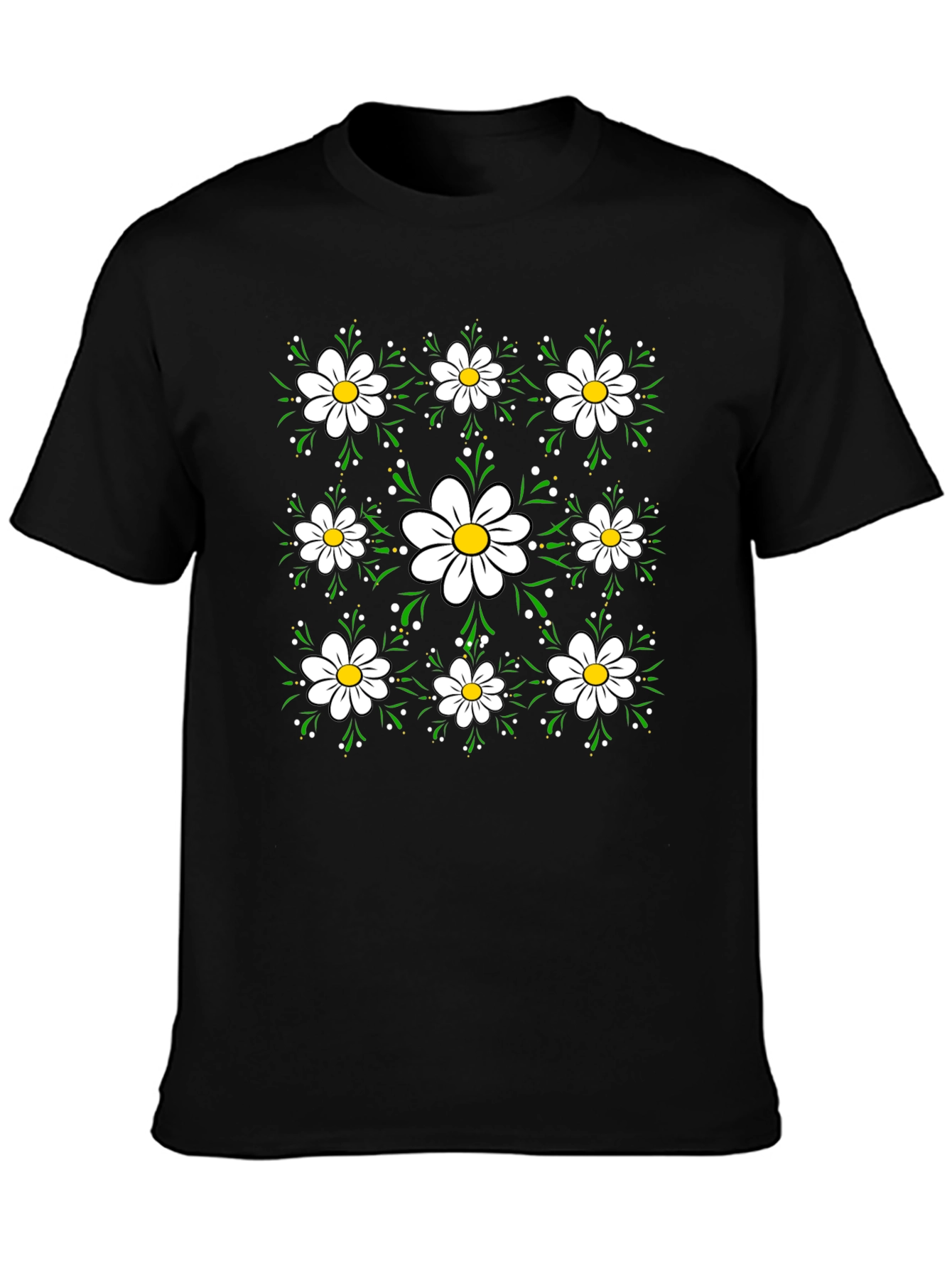 Floral Daisy Pattern Black T-Shirt