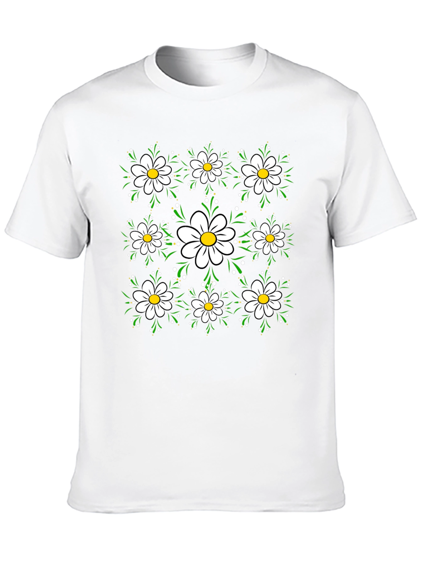 Floral Daisy Pattern Black T-Shirt