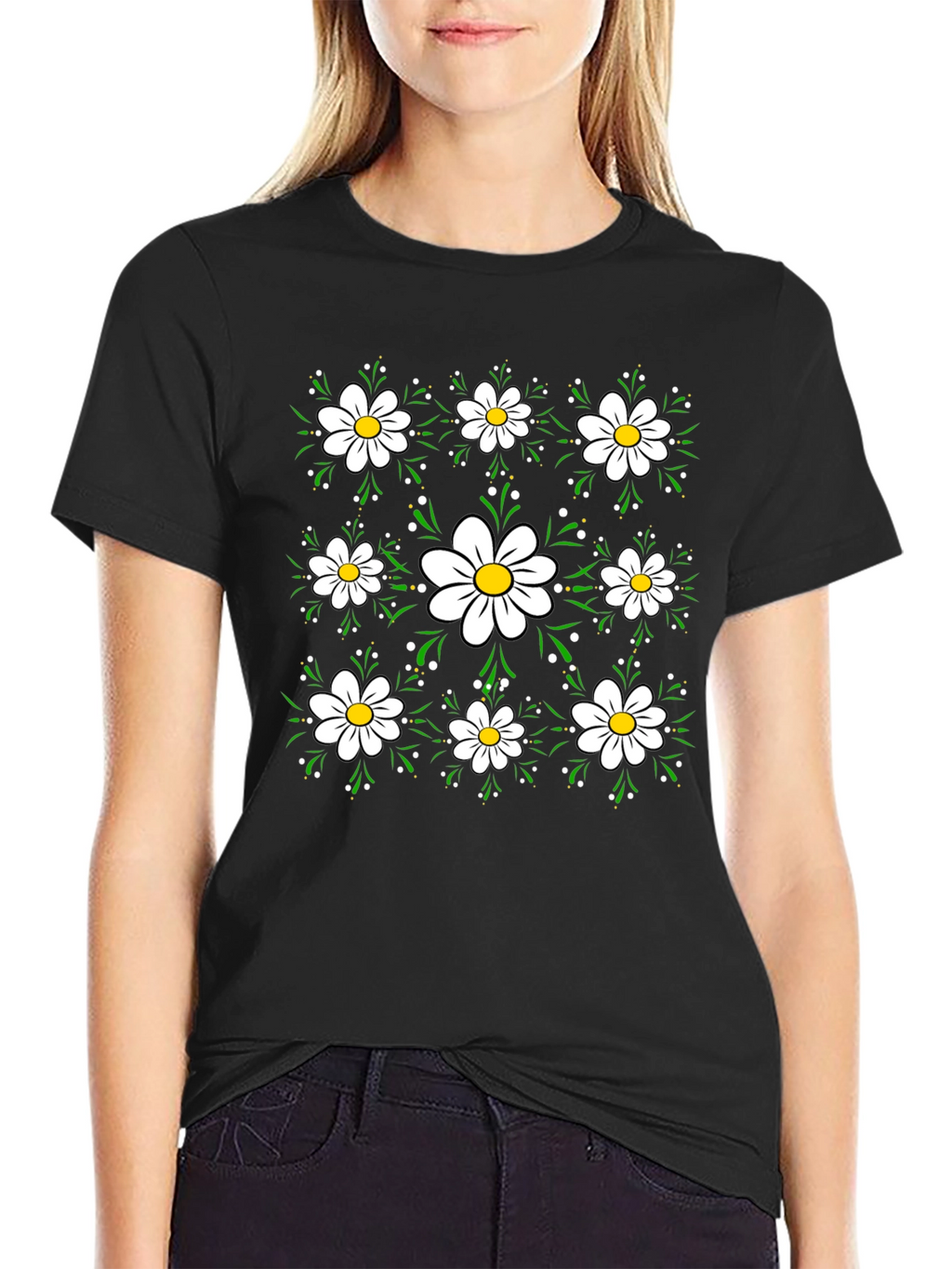 Floral Daisy Pattern Black T-Shirt