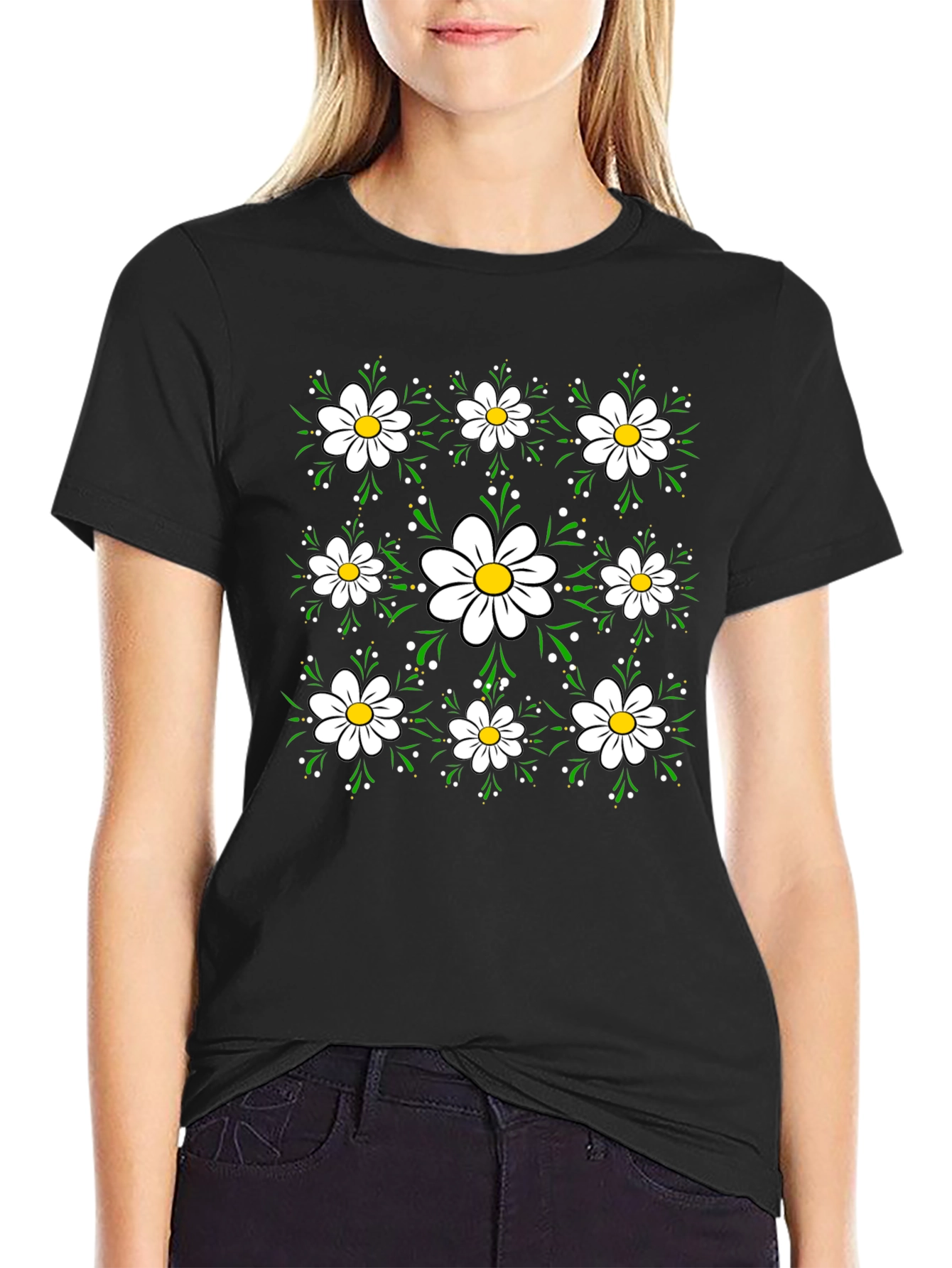 Floral Daisy Pattern Black T-Shirt