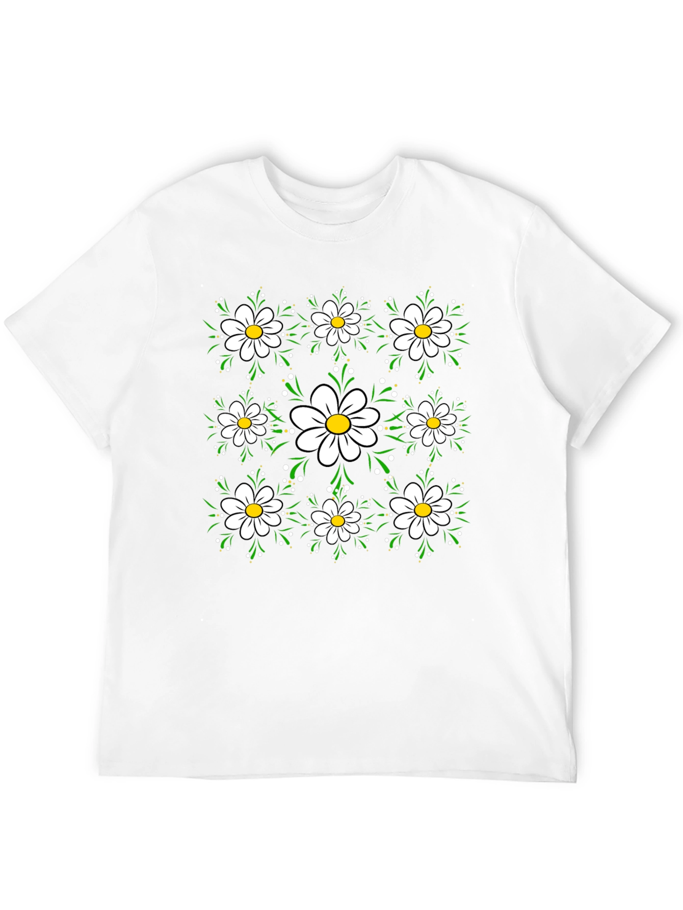 Floral Daisy Pattern Black T-Shirt