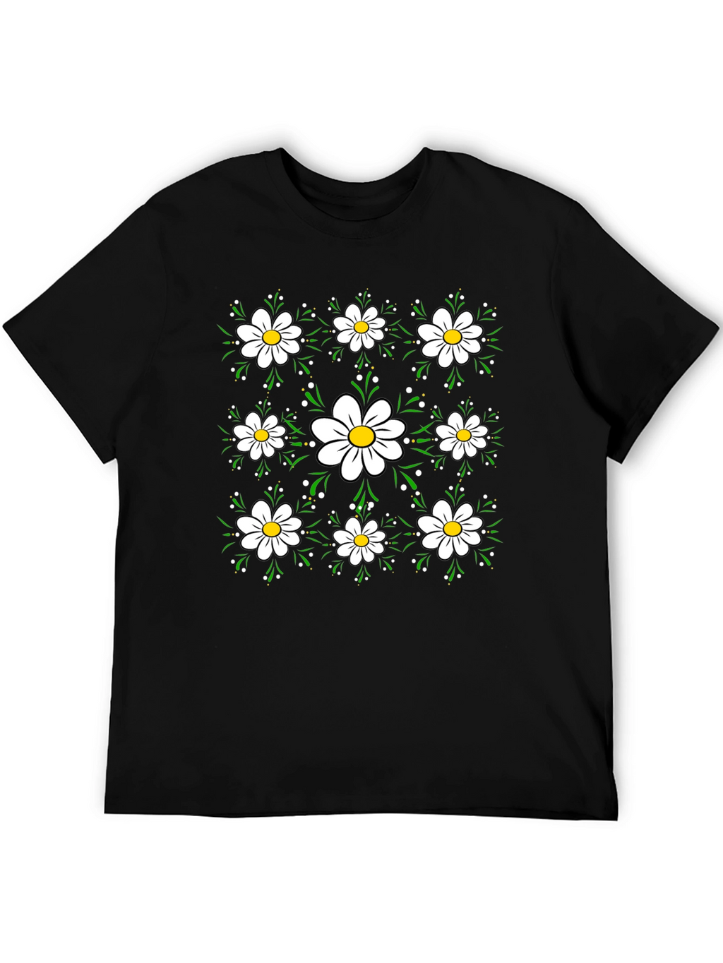 Floral Daisy Pattern Black T-Shirt