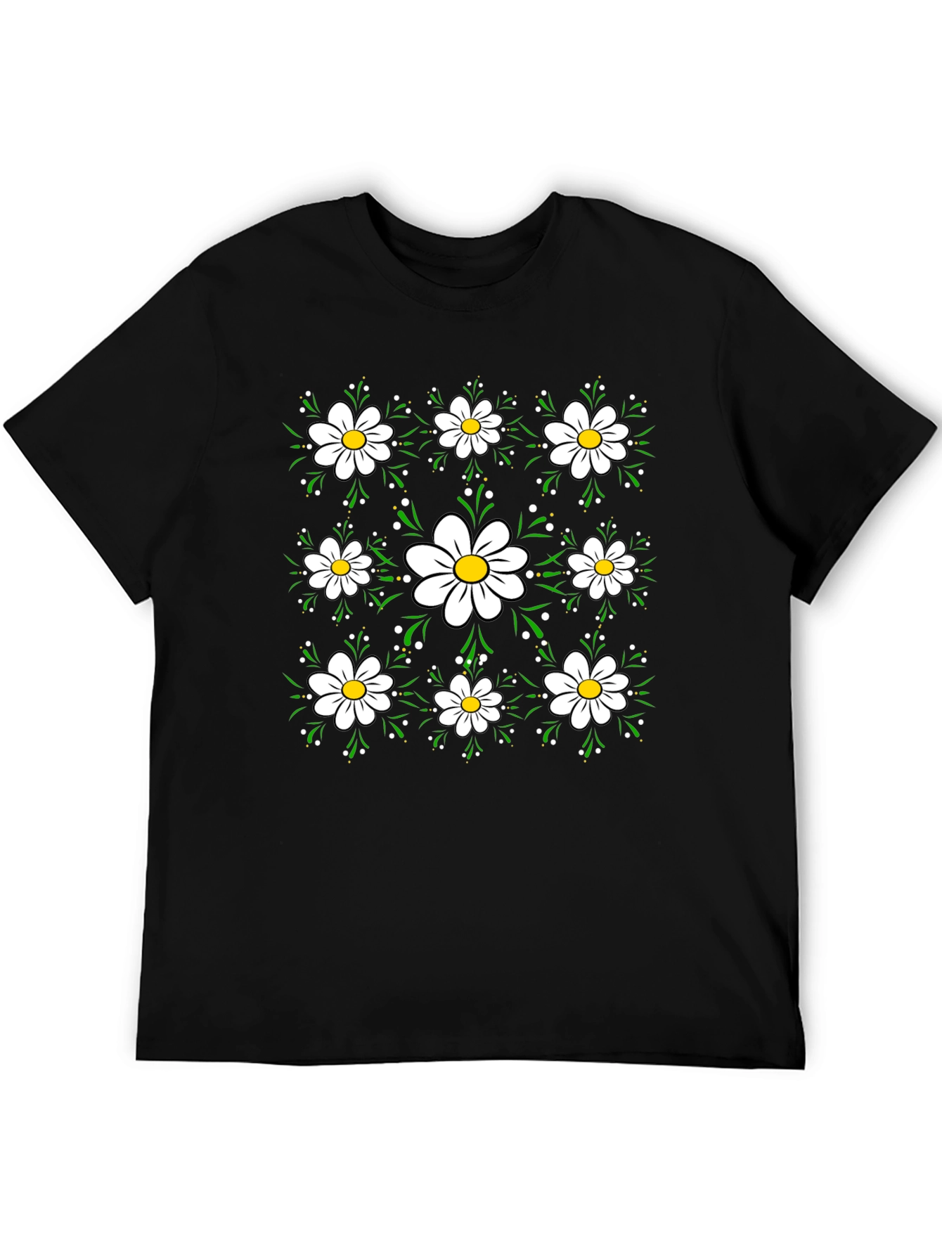 Floral Daisy Pattern Black T-Shirt