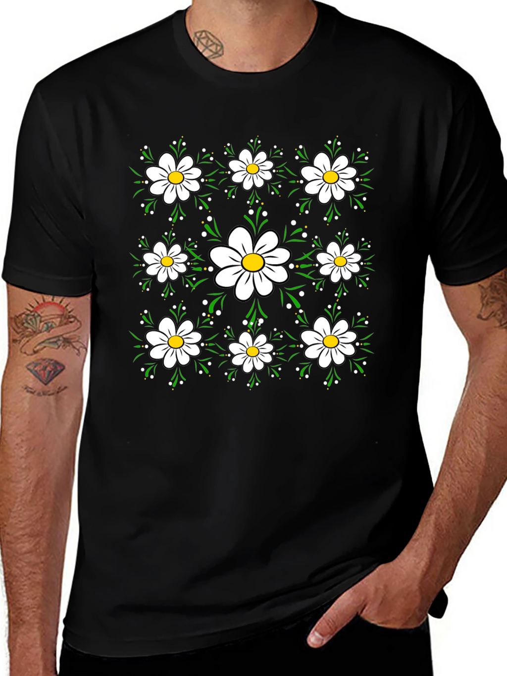 Floral Daisy Pattern Black T-Shirt