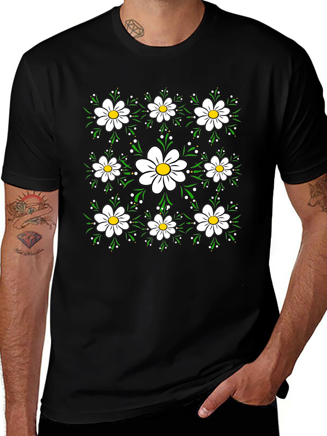 Floral Daisy Pattern Black T-Shirt