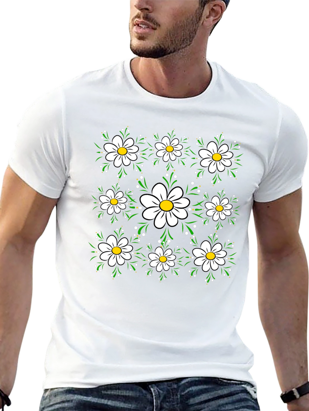 Floral Daisy Pattern Black T-Shirt