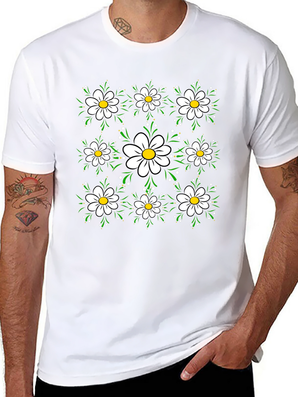 Floral Daisy Pattern Black T-Shirt