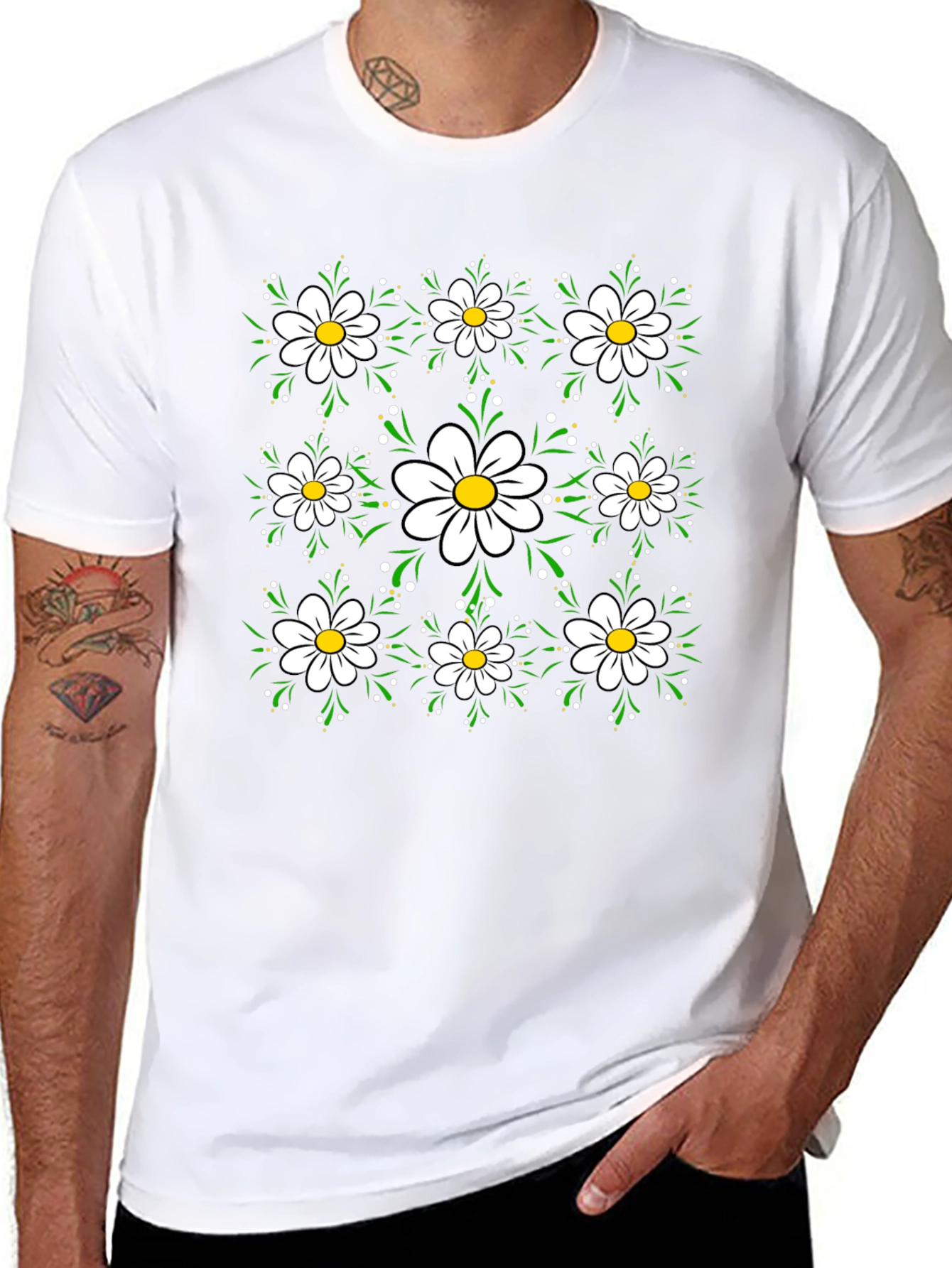 Floral Daisy Pattern Black T-Shirt