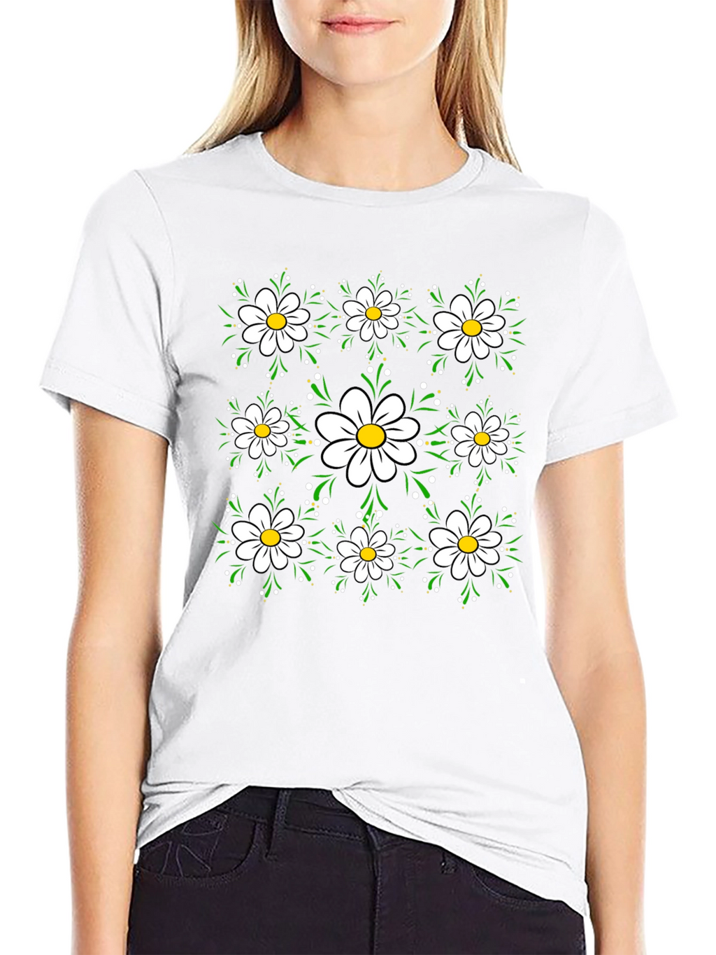 Floral Daisy Pattern Black T-Shirt