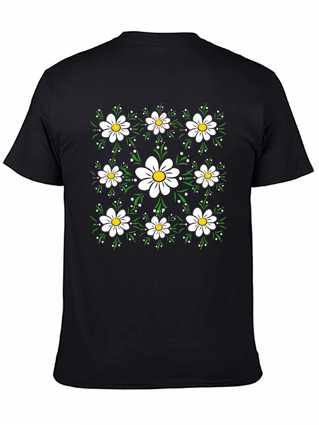 Floral Daisy Pattern Black T-Shirt