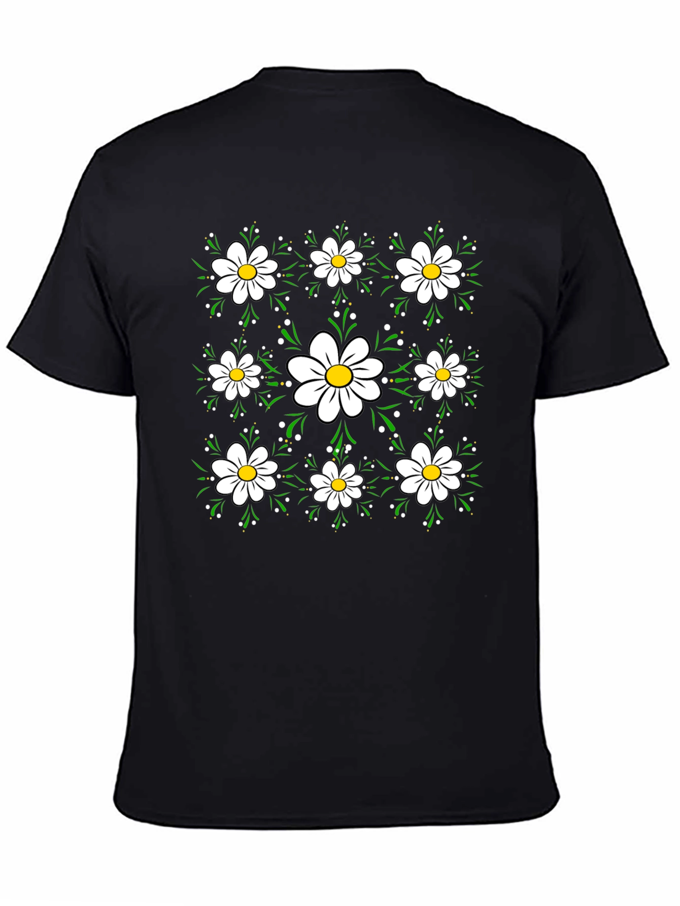 Floral Daisy Pattern Black T-Shirt