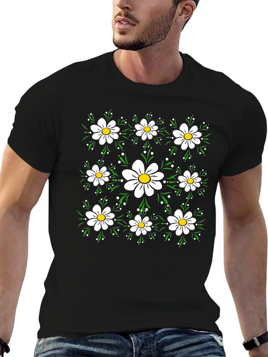 Floral Daisy Pattern Black T-Shirt