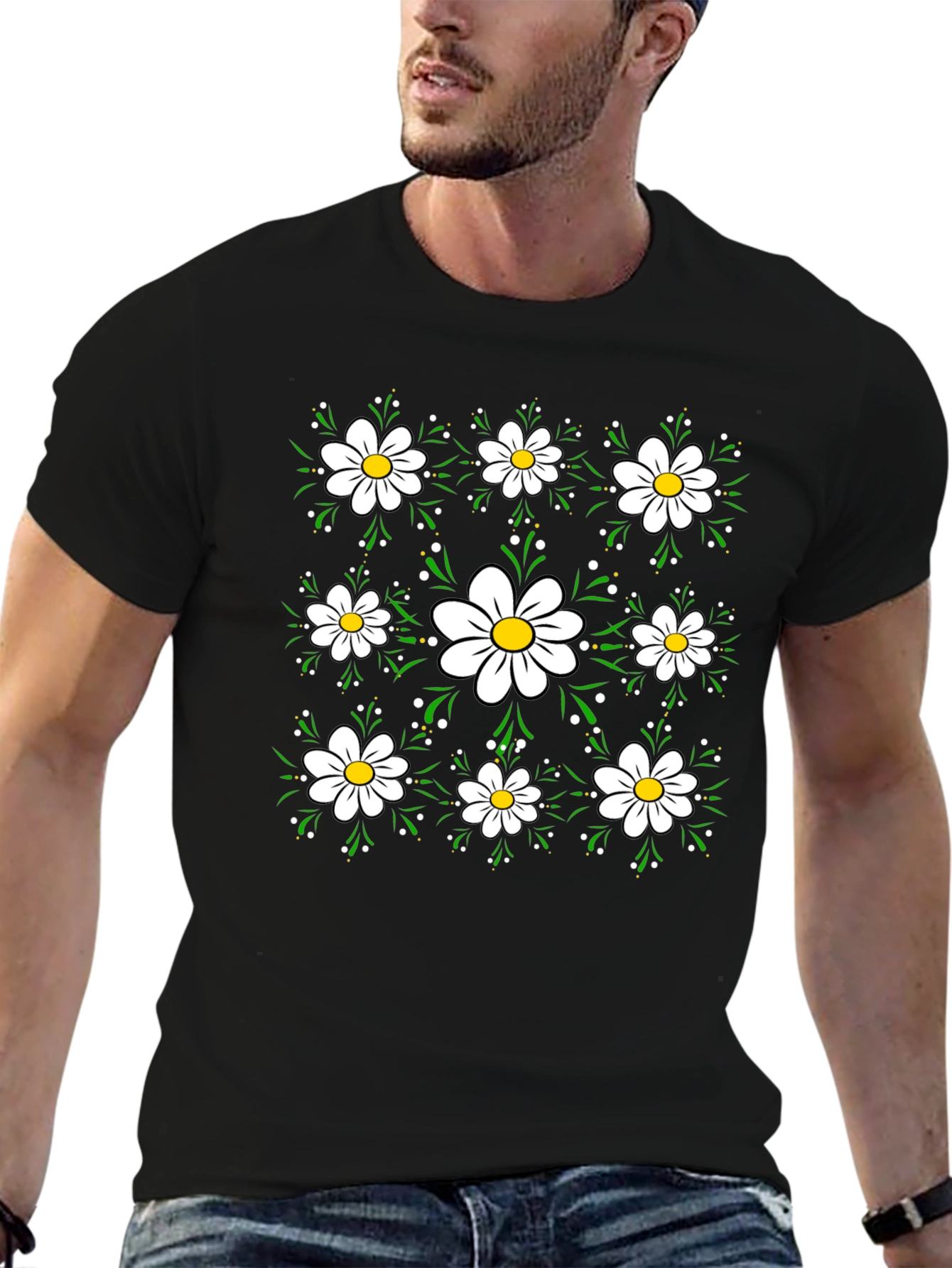 Floral Daisy Pattern Black T-Shirt