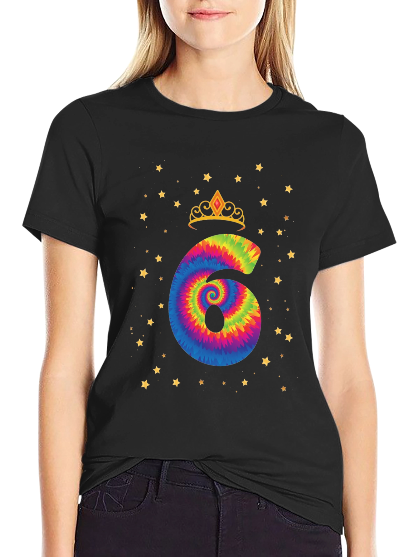 Birthday Girl 6 T-Shirt Colorful Tie Dye Crown Stars