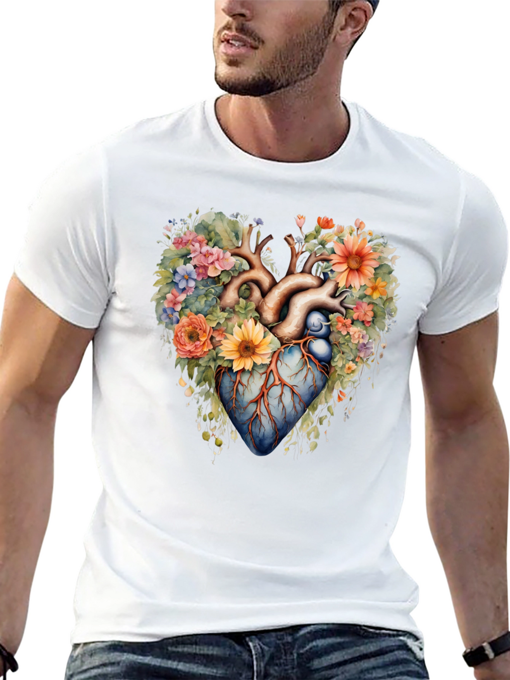 Floral Heart Anatomy T-Shirt - Artistic Graphic Tee