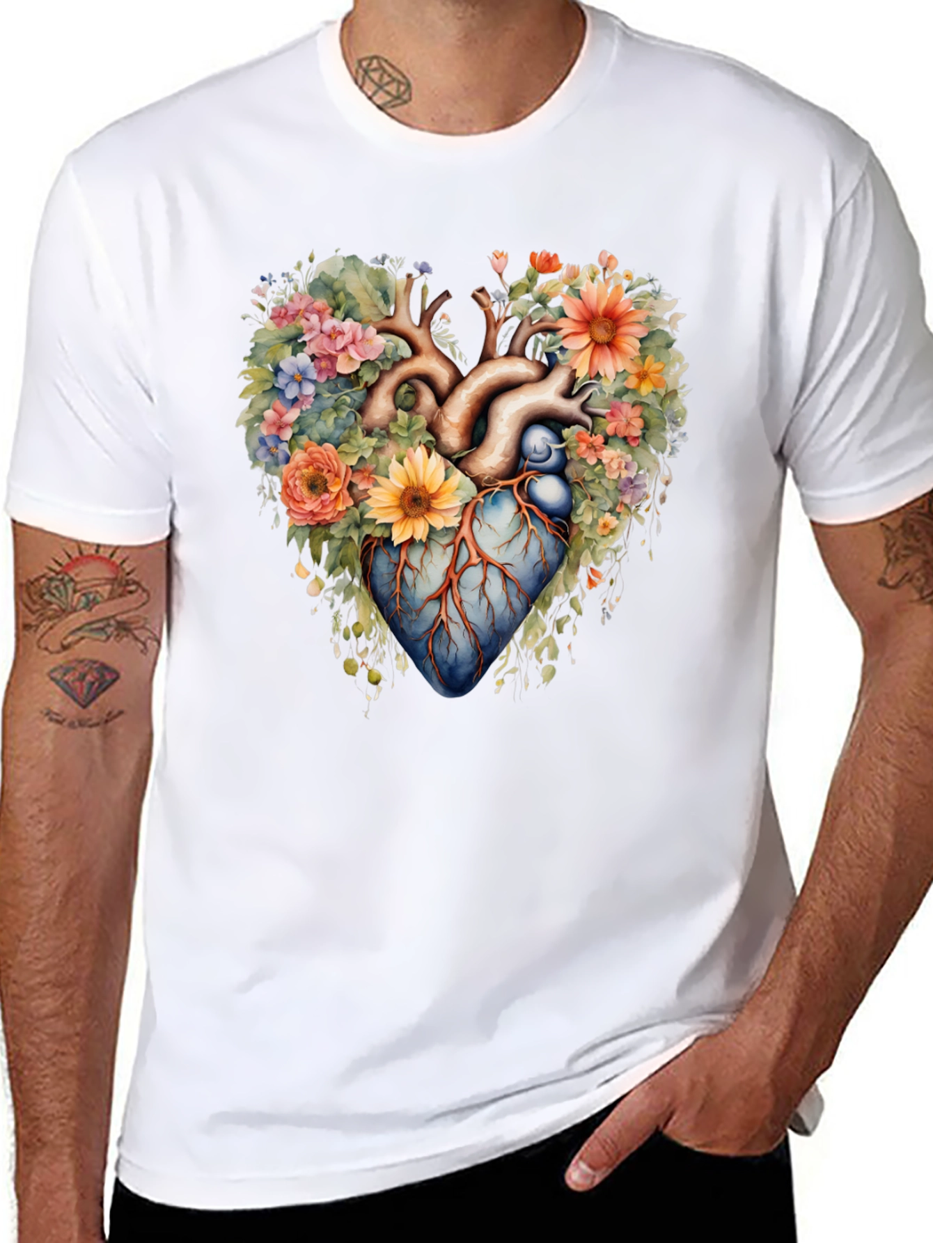 Floral Heart Anatomy T-Shirt - Artistic Graphic Tee
