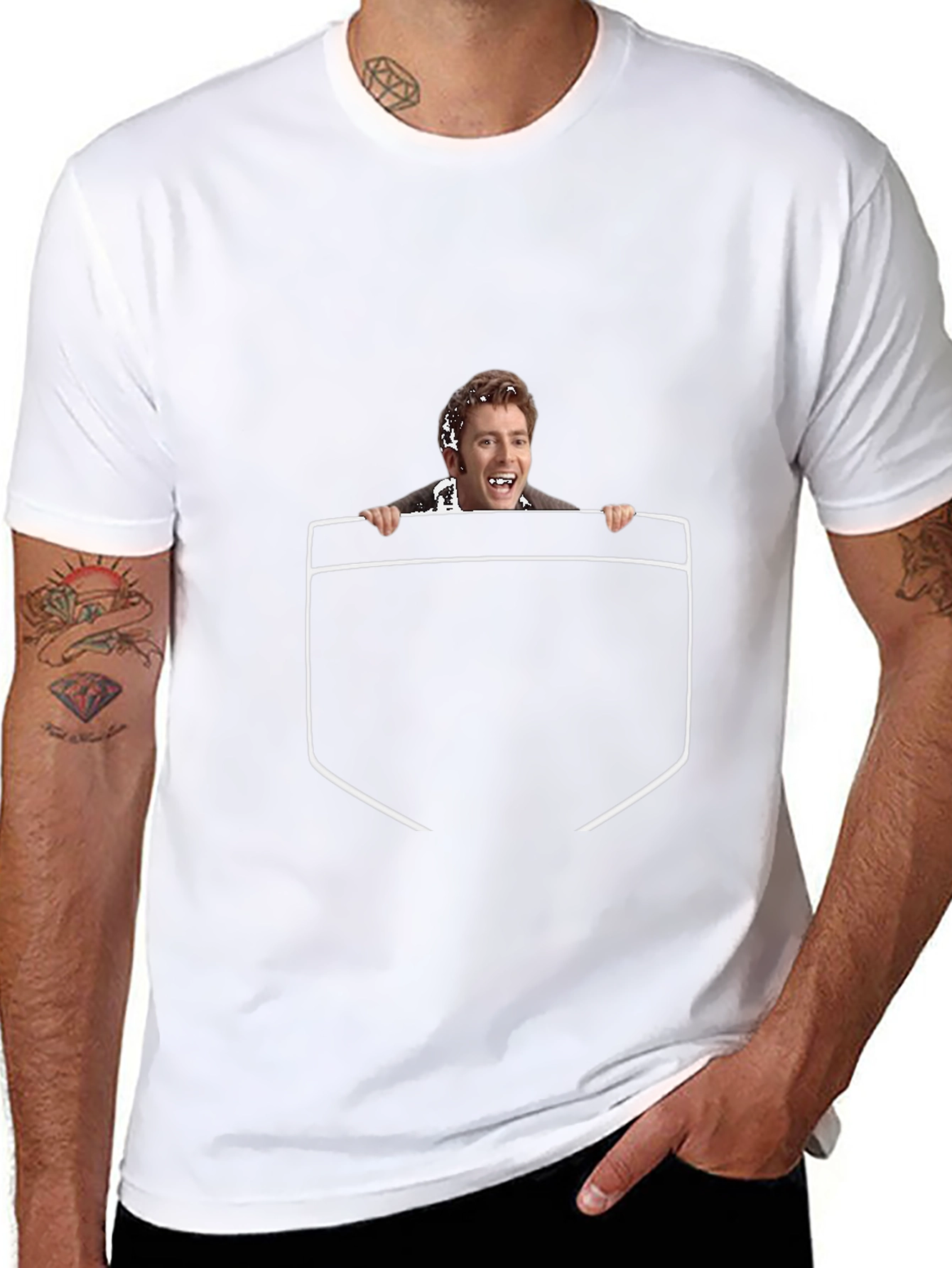 Funny Graphic Tee - Peeking Man Pocket Print