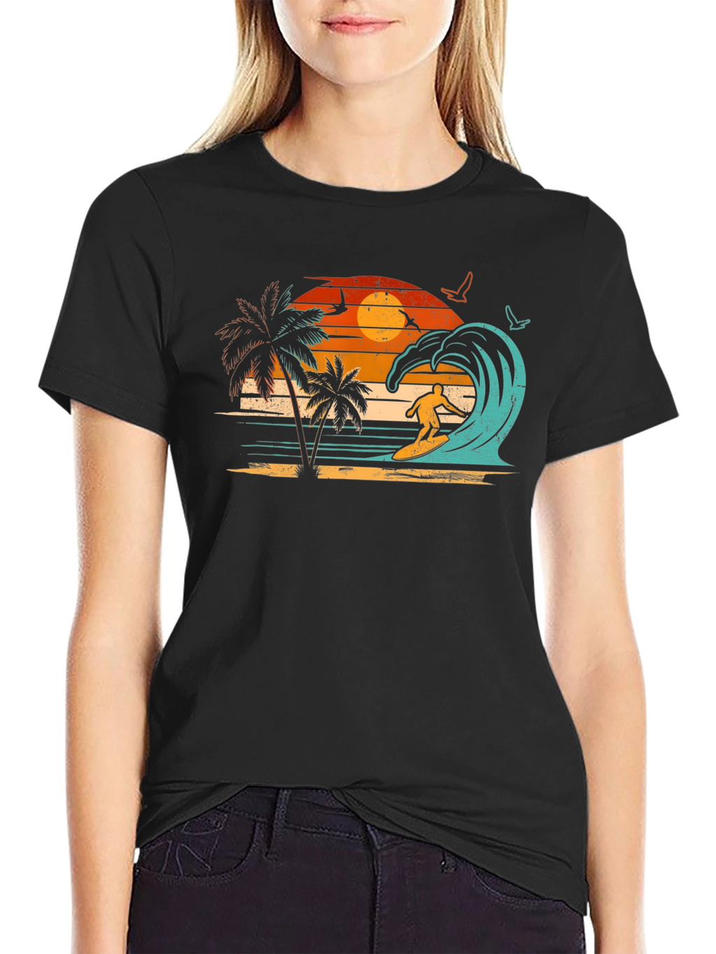 Retro Surfing Beach Sunset Graphic Tee