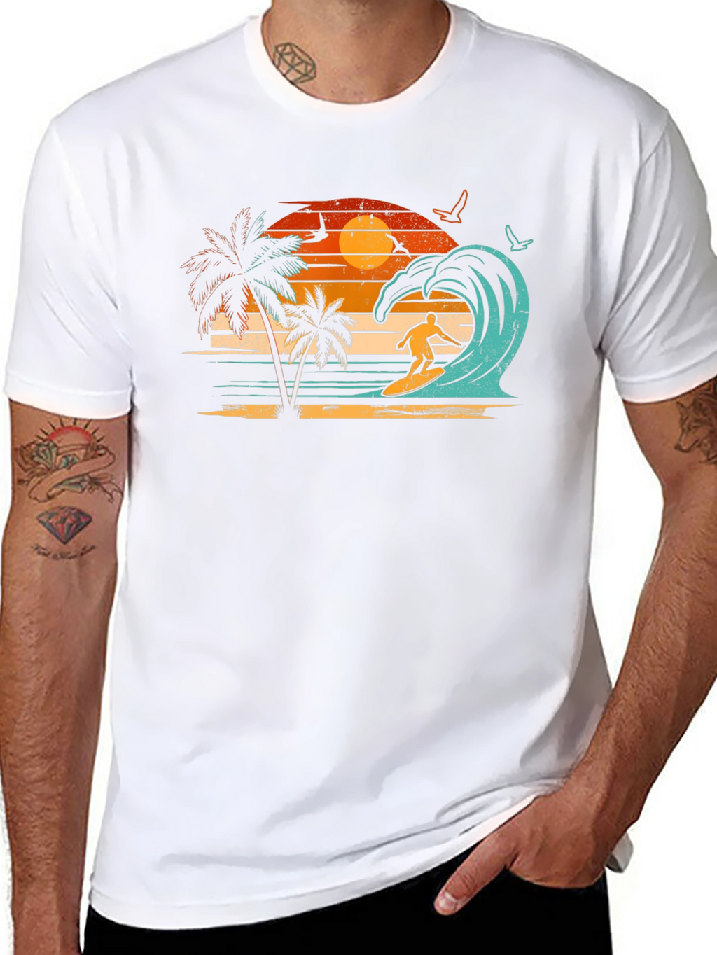 Retro Surfing Beach Sunset Graphic Tee