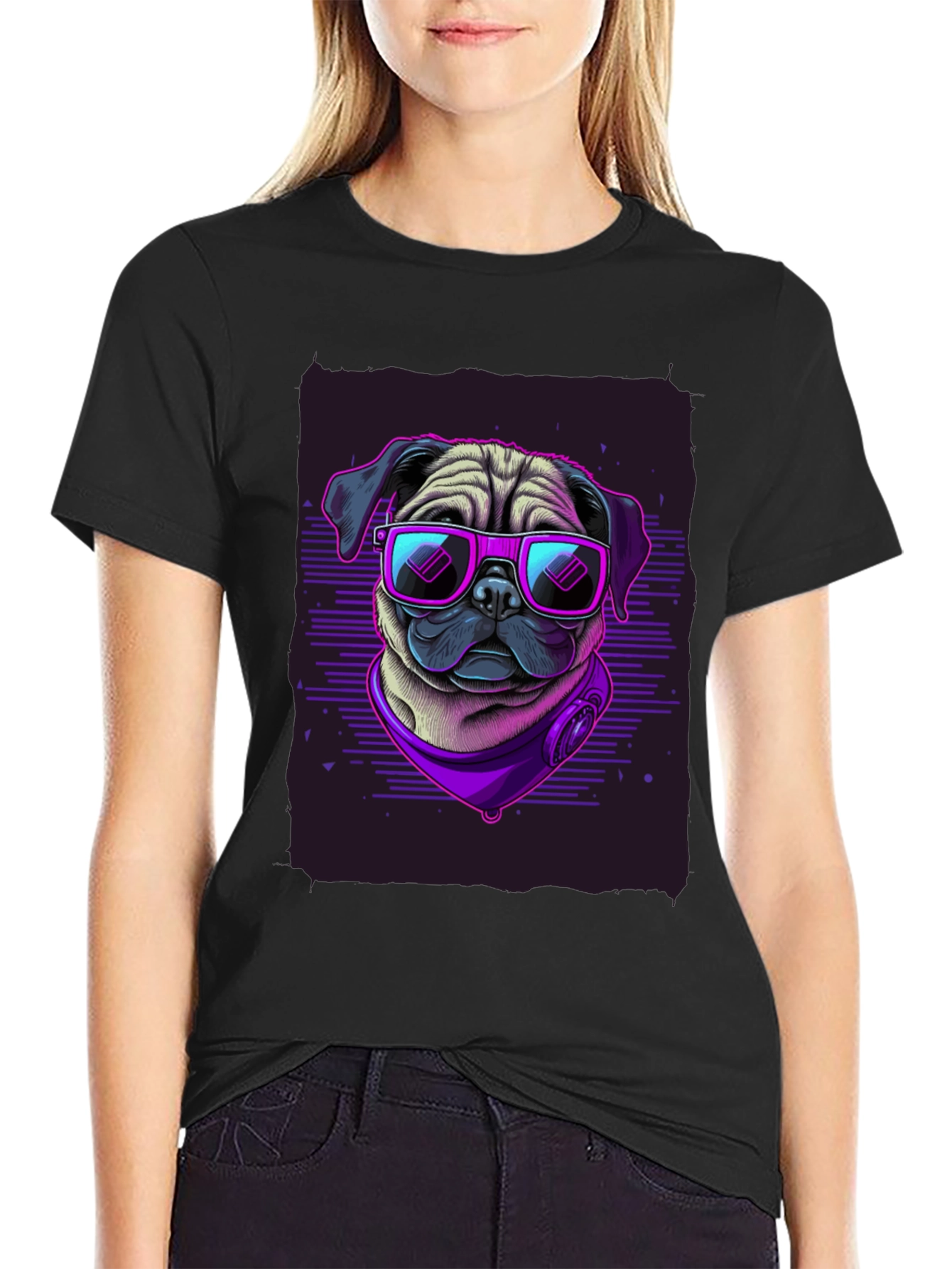 Pug Wearing Sunglasses Black T-Shirt