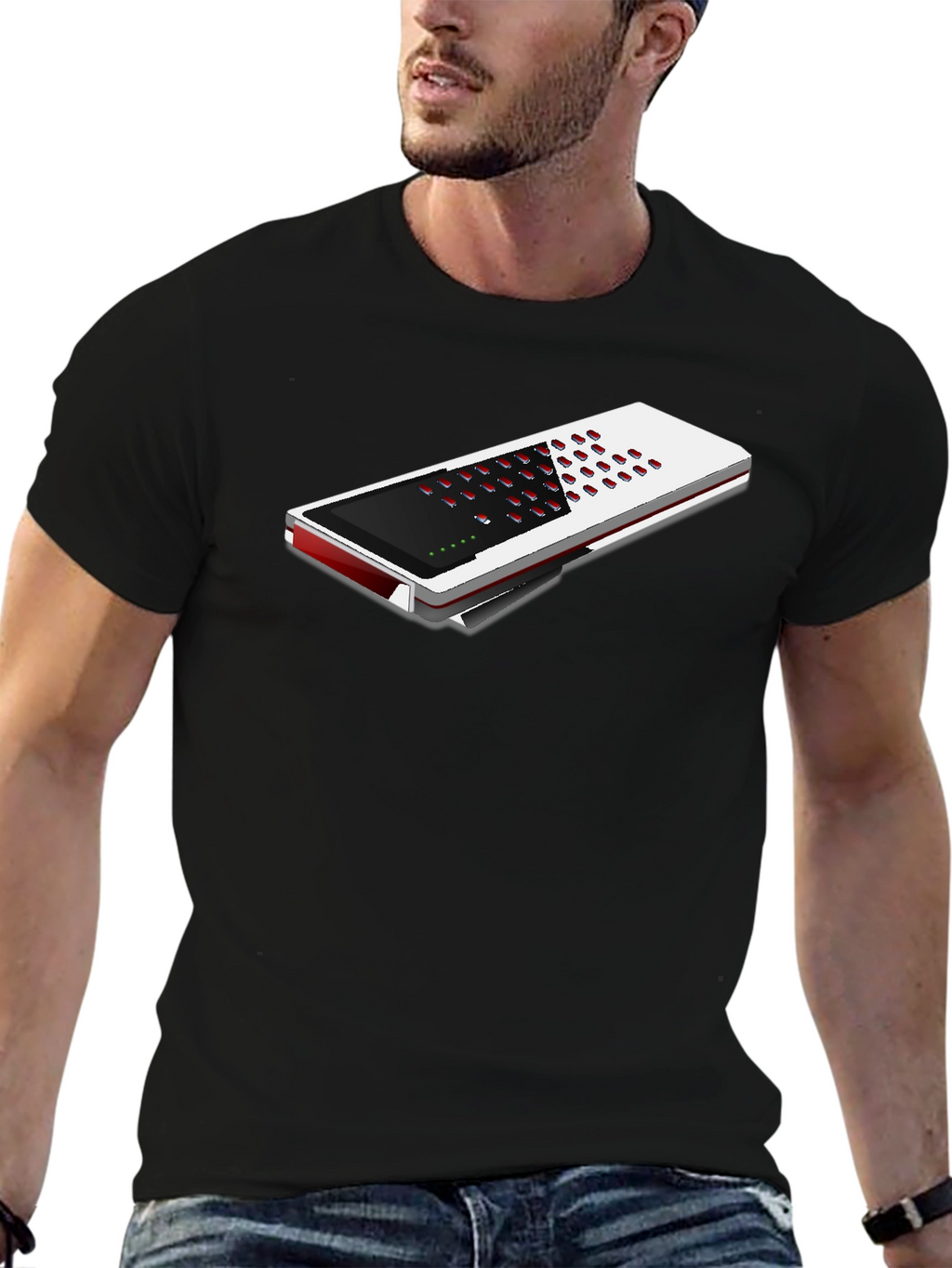 Modern Black T-Shirt with Unique Electronic Device Design