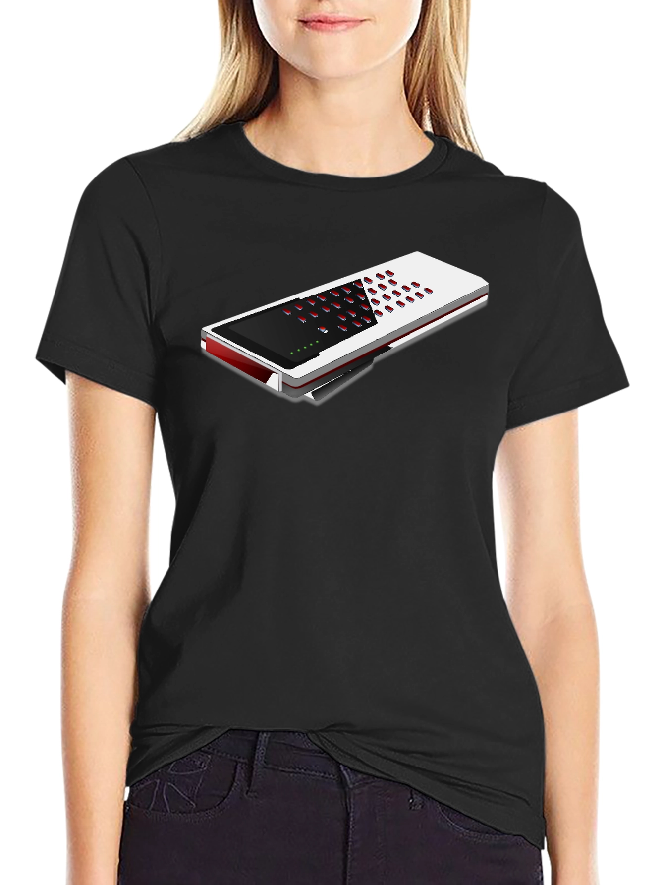 Modern Black T-Shirt with Unique Electronic Device Design