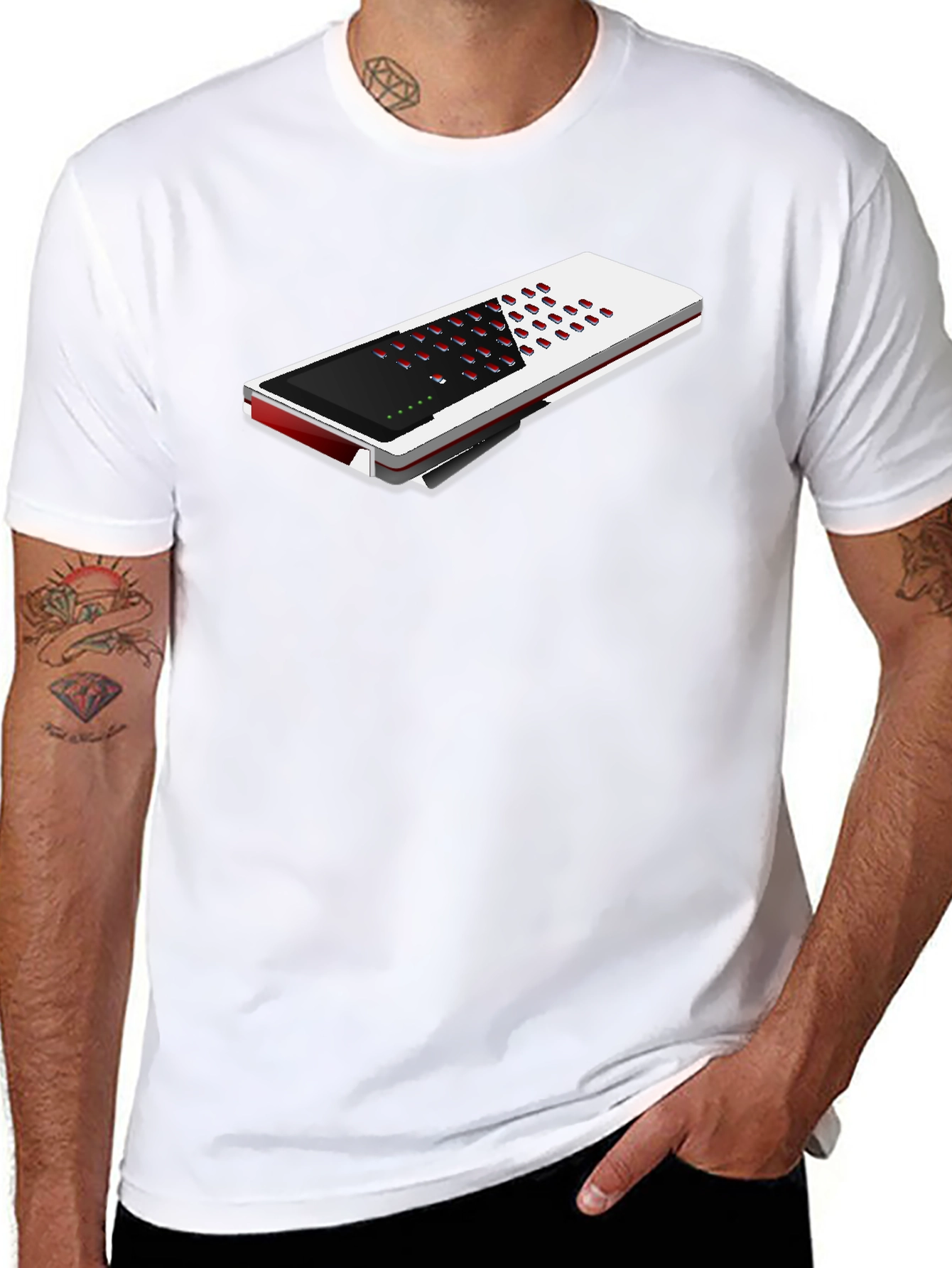 Modern Black T-Shirt with Unique Electronic Device Design