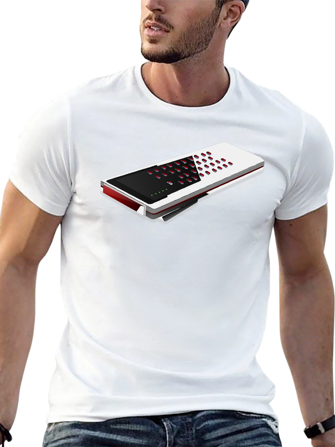Modern Black T-Shirt with Unique Electronic Device Design