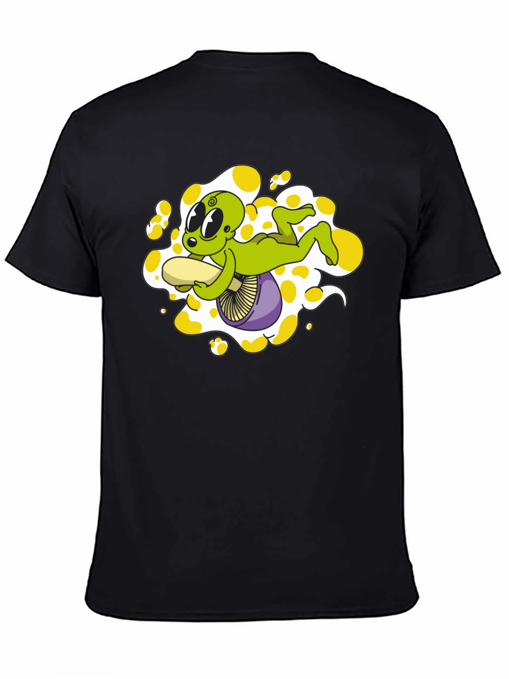 Alien Riding Mushroom Graphic Tee - Black Cotton T-Shirt