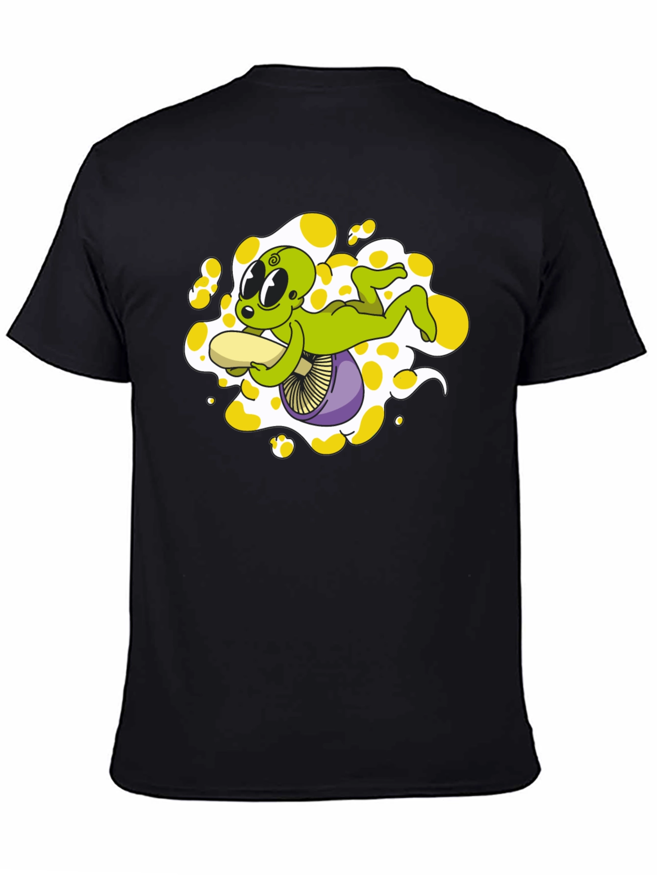 Alien Riding Mushroom Graphic Tee - Black Cotton T-Shirt