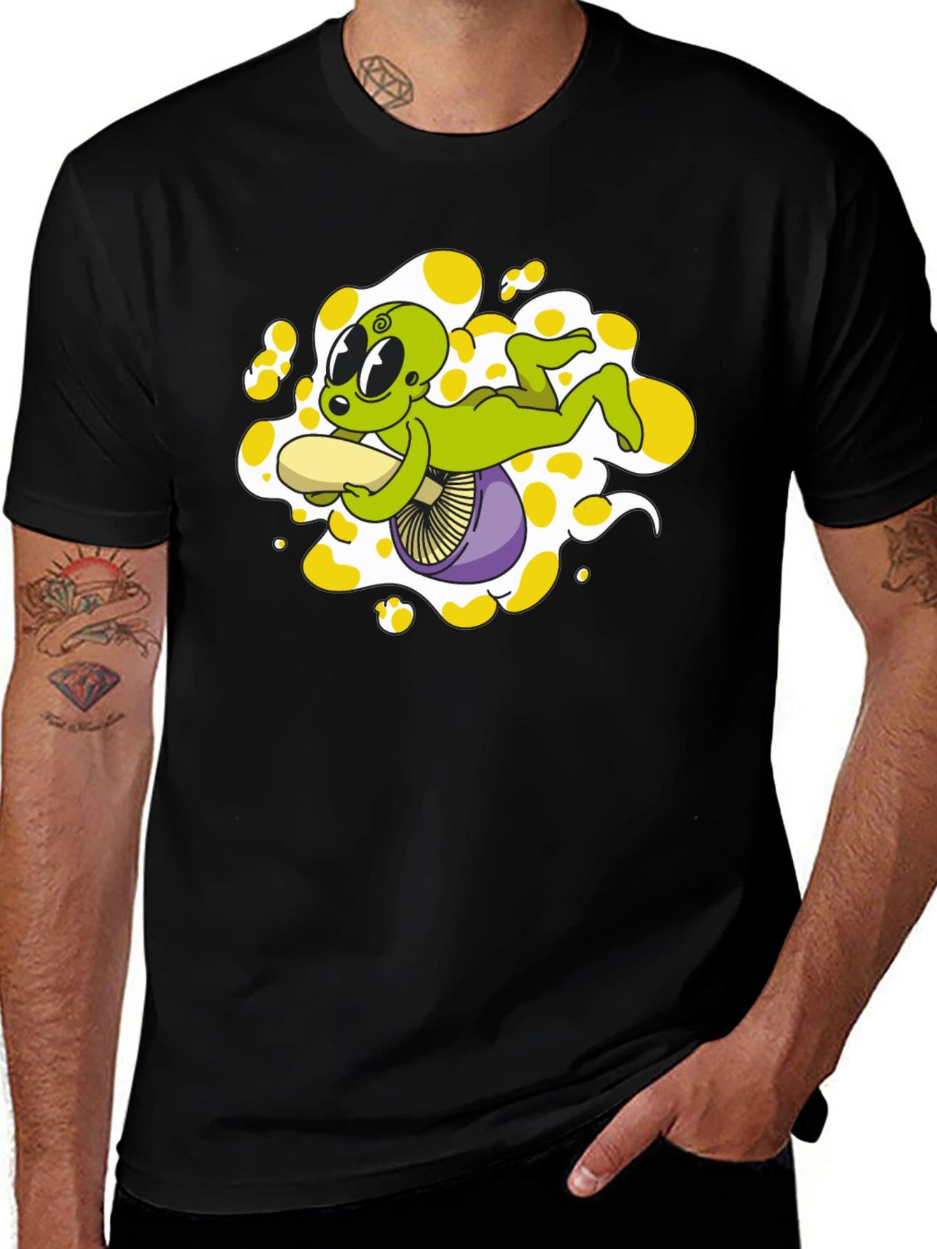 Alien Riding Mushroom Graphic Tee - Black Cotton T-Shirt