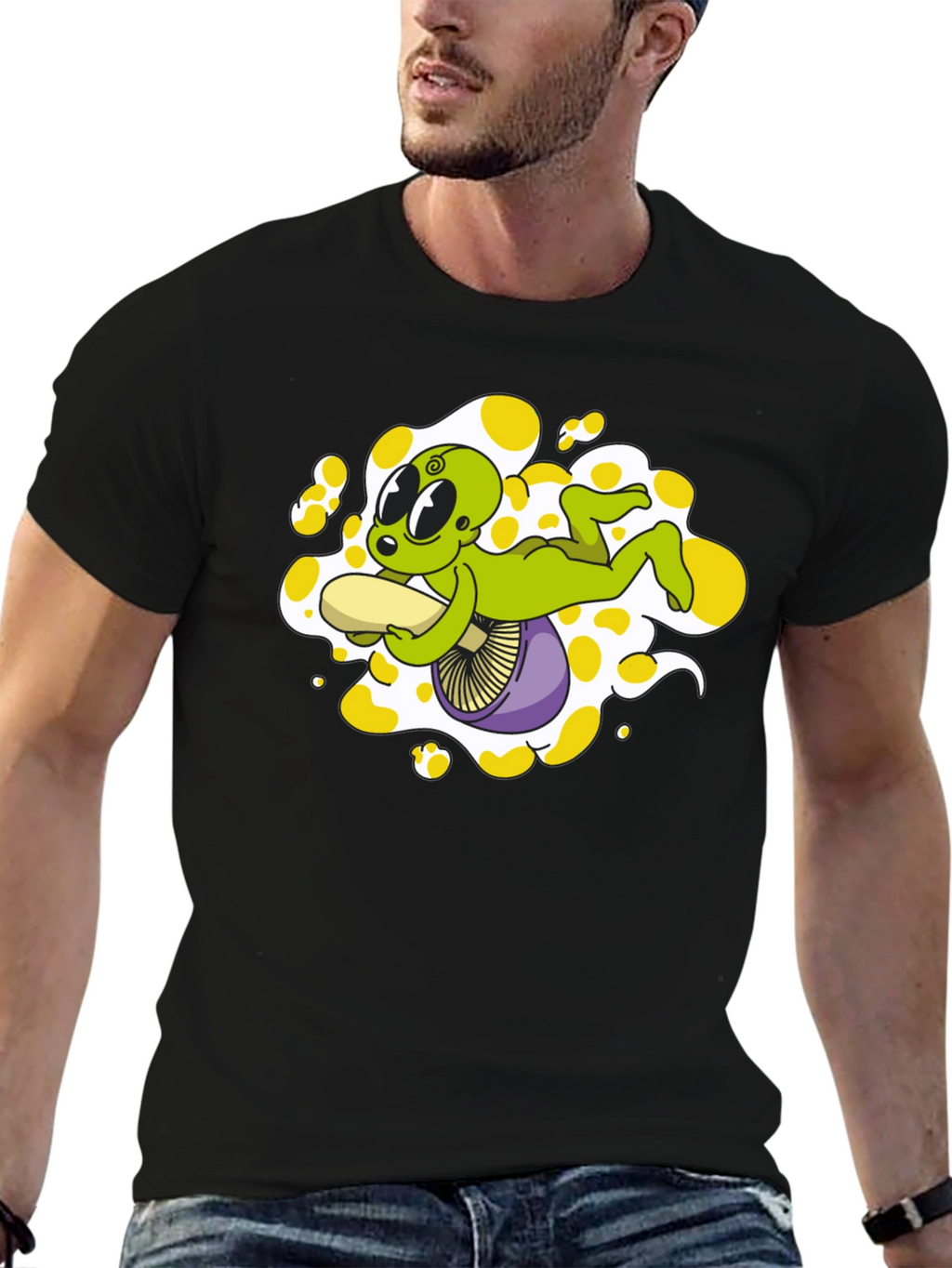 Alien Riding Mushroom Graphic Tee - Black Cotton T-Shirt