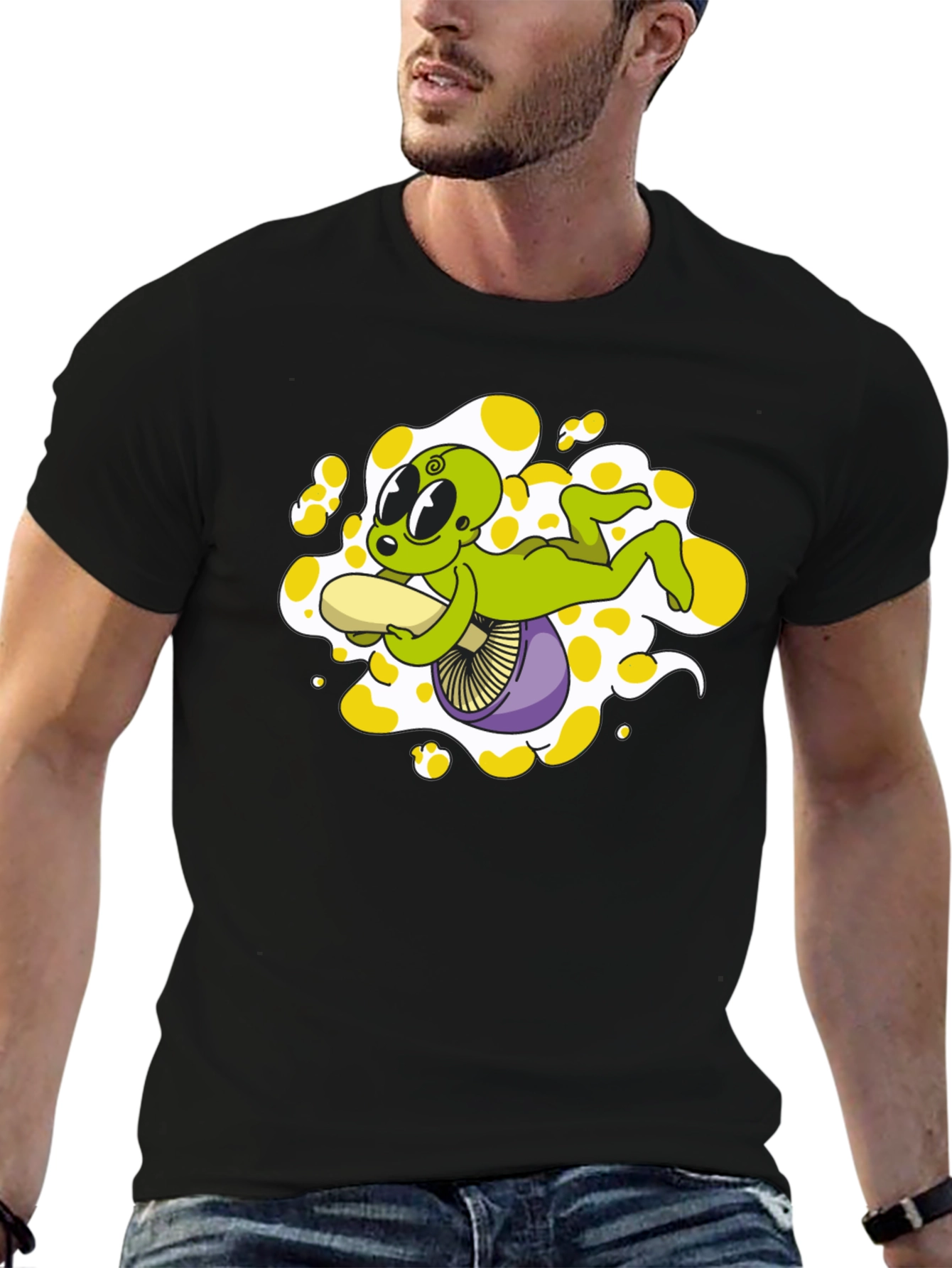 Alien Riding Mushroom Graphic Tee - Black Cotton T-Shirt