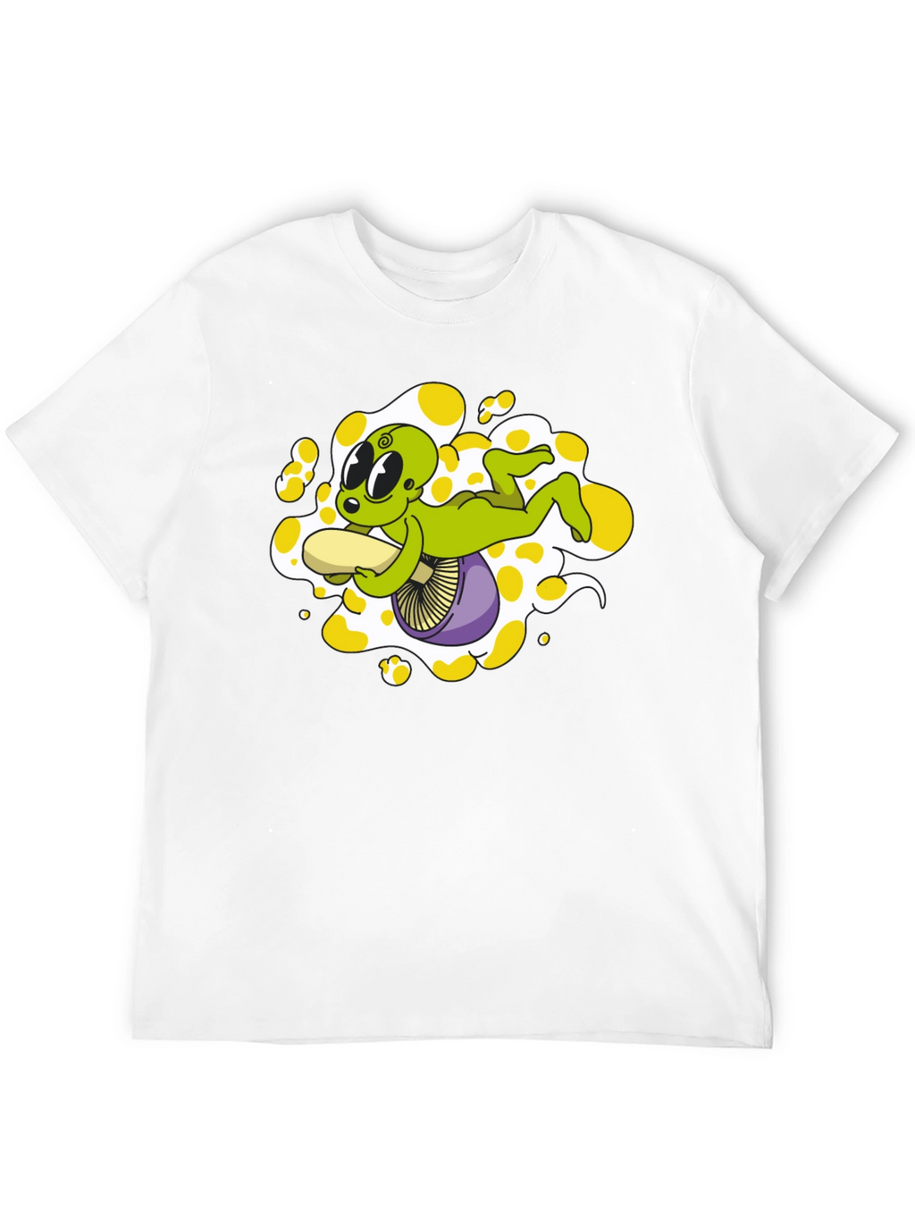 Alien Riding Mushroom Graphic Tee - Black Cotton T-Shirt