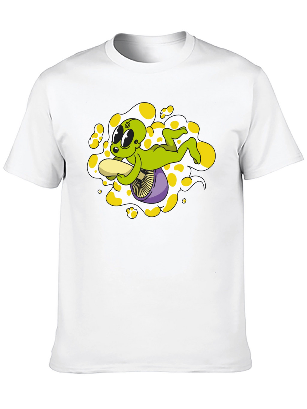 Alien Riding Mushroom Graphic Tee - Black Cotton T-Shirt