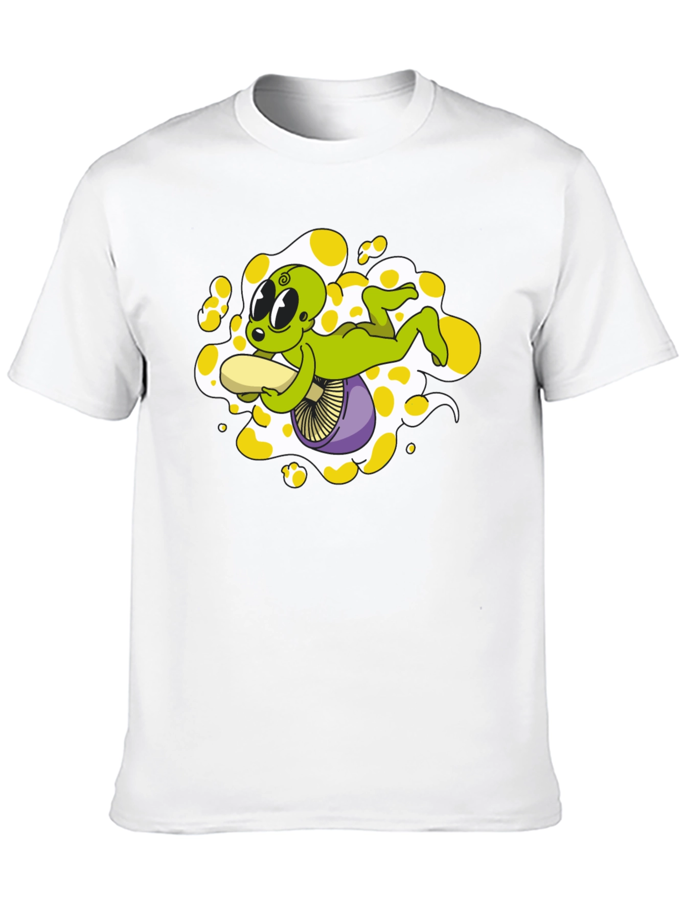 Alien Riding Mushroom Graphic Tee - Black Cotton T-Shirt
